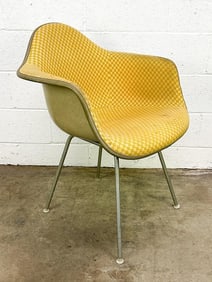 Eames Arm Chair Gold and Tan Alexander Girard Checkerboard Fabric on Greige Fiberglass on H-Base