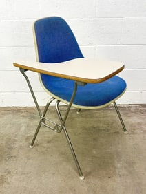 Eames Student Chair Desk Blue Pincheck Alexander Girard Fabric on Parchment Fiberglass