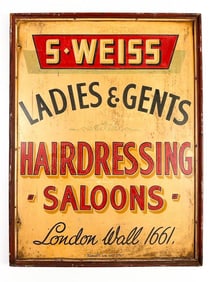 Vintage Signarts Advertising Sign, Enamel on Metal, S. Weiss, Ladies & Gents Hairdressing Saloons,