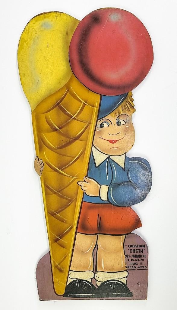 Vintage Belgian Hand Painted Wood Ice Cream Parlor Double Sided Sign: Vintage Belgian Hand Painted Wood Ice Cream Parlor Double Sided SignThis is a charming hand painted vintage ice cream parlor sign on wood paneling. It is double sided. Bottom corner stamp reads "C