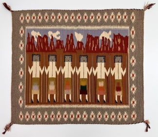 Vintage Navajo Rug Yei Weaving with Six Yei Figures (Navajo Healing Spirits)