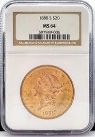 1888-S Liberty Head $20 Gold Coin NGC MS64