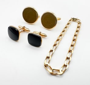 Group of 10k Gold Link Bracelet and 10k Cufflinks