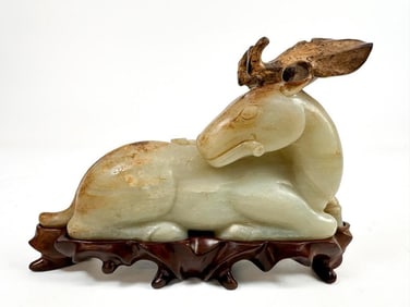 Carved Jade Seated Deer with Antlers Sculpture on Carved Wood Pedestal