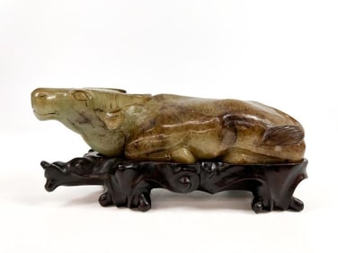 Carved Jade Seated Ox Sculpture on Carved Wood Pedestal