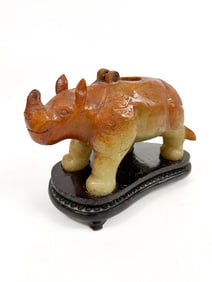 Carved Jade Standing Rhinoceros Sculpture on Carved Wood Pedestal