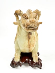Carved Jade Seated Ram Sculpture on Carved Wood Pedestal