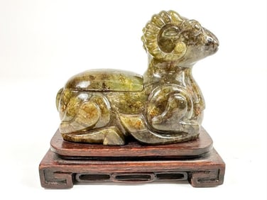 Carved Stone Seated Ram Sculpture with Lid on Carved Wood Pedestal