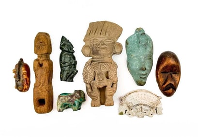 Lot of 8 World Culture Effigies in Stone, Wood, Metal and Ceramic