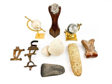 Lot of 9 World Culture Effigies and Artifacts in Stone, Metal, and Bone