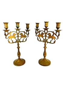 Pair Old Judaica Brass 3 Armed Candelabras with Lions