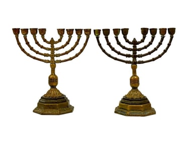 Pair Old Judaica Brass Menorahs