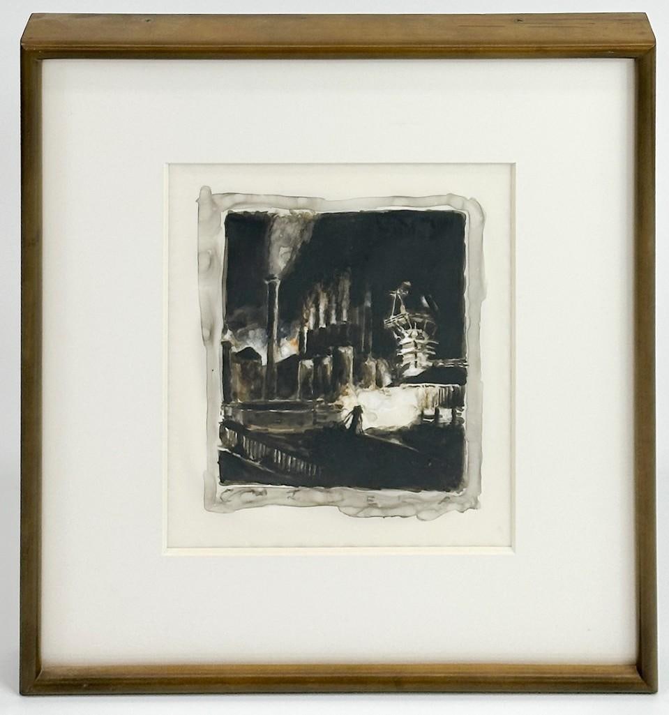 Lawrence Gipe (b. 1962) Painting on Vellum Depicting Factory: Lawrence Gipe (b. 1962) Painting on Vellum Depicting FactoryThis original painting is in an acrylic frame.The word "Chimera" appears across the bottom.Condition: Good condition overall. Nicely