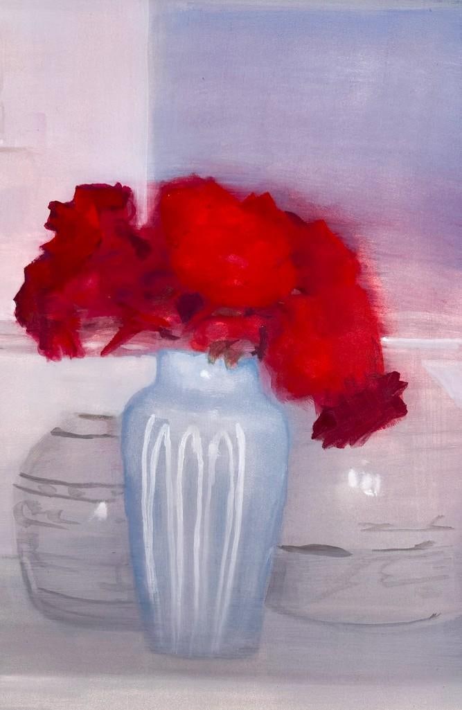 Ellen Denise Phelan (b. 1943) Watercolor on Paper, Roses, Rookwood Vase, and Ginger Pots, 1998: Ellen Denise Phelan (b. 1943) Watercolor on Paper, Roses, Rookwood Vase, and Ginger Pots, 1998Painting is titled Champion Roses, Rookwood Vase, and Ginger Pots and is signed on the back side in pencil