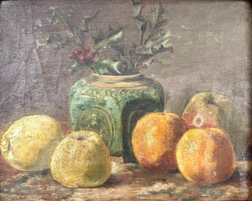 Artist Unknown, Oil on Canvas, Still Life with Fruit and Vase
