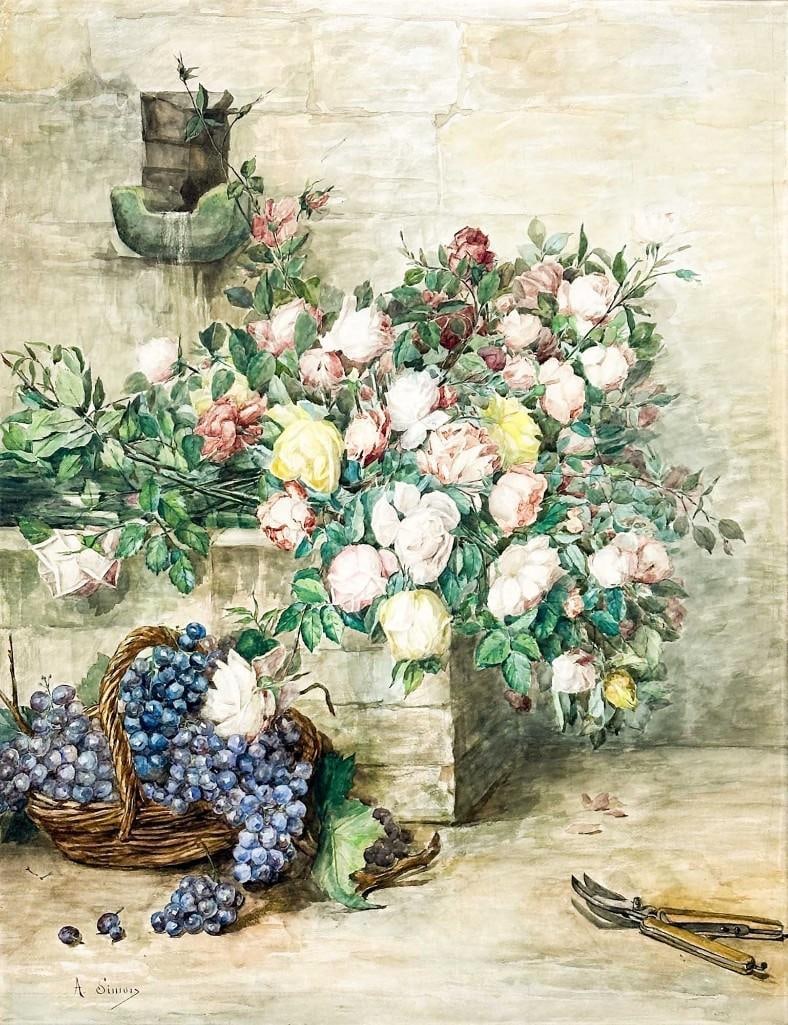 Signed A Simon Floral Still Life Watercolor Painting on Paper: Signed A Simon Floral Still Life Watercolor Painting on PaperPaper is mounted to mat board. Includes two pieces of masonite cut to size. Mat board is not glued to masonite backing board.Approx: 51 in