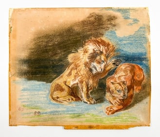 Attr. Eugene Delacroix (Ferdinand Victor) (1798-1863), Pastel on Paper, Two Lions