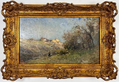 Emile Noirot (1853-1924) Oil on Canvas, Landscape with Village and Figure