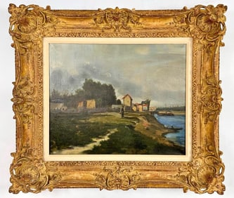 Unknown Artist, Oil on Canvas, Riverbank with Buildings and Figure