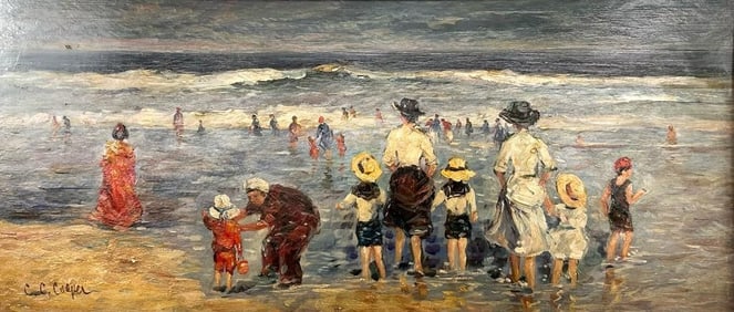 Claude Cahill Cooper (b. 1941) Oil on Panel, Beach Scene with Children