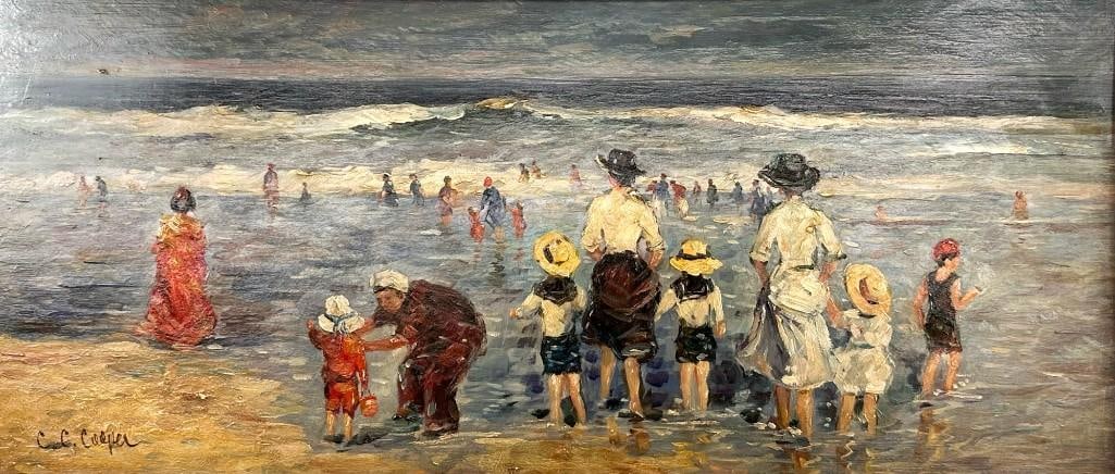 Claude Cahill Cooper (b. 1941) Oil on Panel, Beach Scene with Children: Claude Cahill Cooper (b. 1941) Oil on Panel, Beach Scene with Children Piece is untitled, signed in the lower left corner. Condition: Artwork is in good antique condition with no visible blemishes. Di