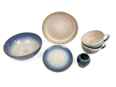 Lot of 7 Rowantrees Bluehill Pottery Ceramic Plates, Cups, and Bowls
