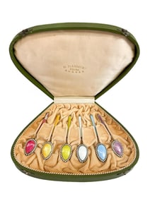 6 Piece M. Hammers Filial Sterling Silver and Enamel Demitasse Spoon Set