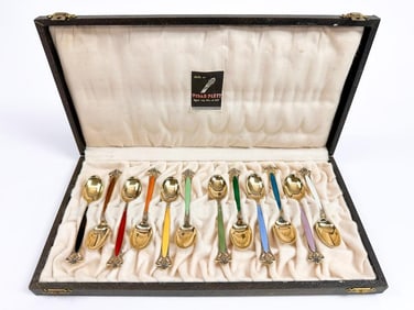 12 Piece TH Marthinsen Sterling and Enamel Demitasse Spoon Set