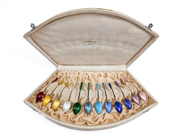 12 Piece Sterling and Enamel M. Hammers Filial Demitasse Spoon Set