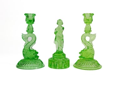 Lot of Cambridge Glass Green Uranium Dolphin Candleholders & Flower Frog Centerpiece