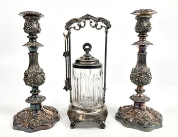 Lot of Victorian Silverplate Candleholders and Pickle Jar