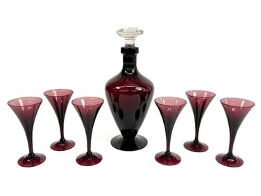 Midcentury Set of Cambridge Amethyst Cordial Cocktail Glasses and Decanter