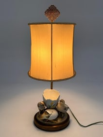 Vintage Porcelain and Brass Table Lamp with Bird Chicks & Eggs
