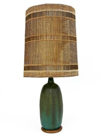 Midcentury Studio Pottery Teal Green Tamp Lamp w/ Maria Kipp Shade