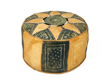 Vintage Round Leather Moroccan Footstool Ottoman