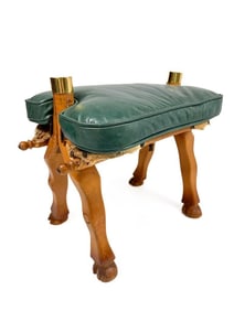 Vintage Wood and Green Leather Camel Saddle Stool or Footrest