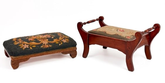 Lot of 2 Antique Needlepoint and Wood Footstools