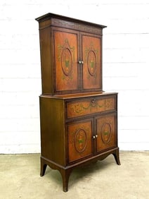 Early 20th Century Neoclassical Hand Painted Satinwood Secretary Desk w/ Bookcase Top