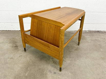 John Keal Brown Saltman Wedge Table w/ Built-in Magazine Rack #99: This is a sleek Midcentury Modern wedge side table w/ convenient magazine rack built in. Maker's markon underside. Condition: Some minor scuffs, scratches and surface wear throughout. Some discolorat