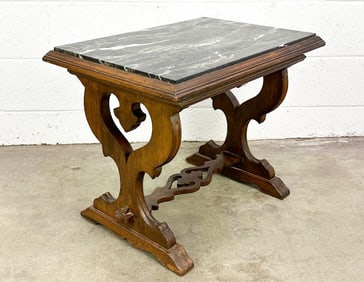 Antique Wood and Black Marble Top Side Table