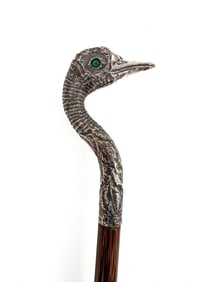 Antique English Sterling Silver Ostrich or Emu Head Handle Umbrella Walking Stick