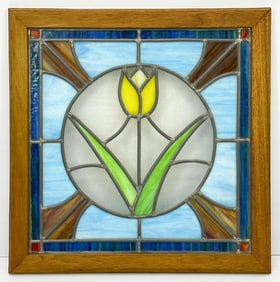 Vintage Leaded Stained Glass Window Panel Tulip