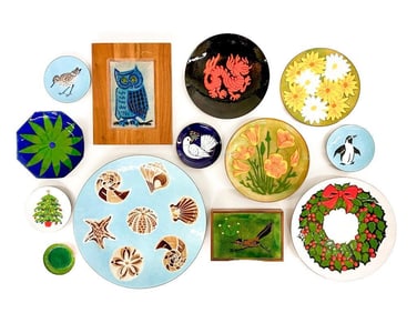 Lot of 13 Annemarie Davidson Copper Enamel Plates and Plaques