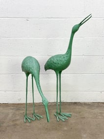 Pair Green Painted Metal Crane Bird Garden Sculptures