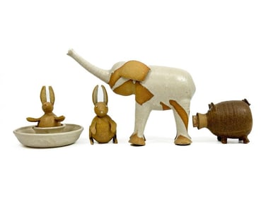 Lot of 4 Midcentury Studio Pottery Elephant, Rabbits, and Pig Figures