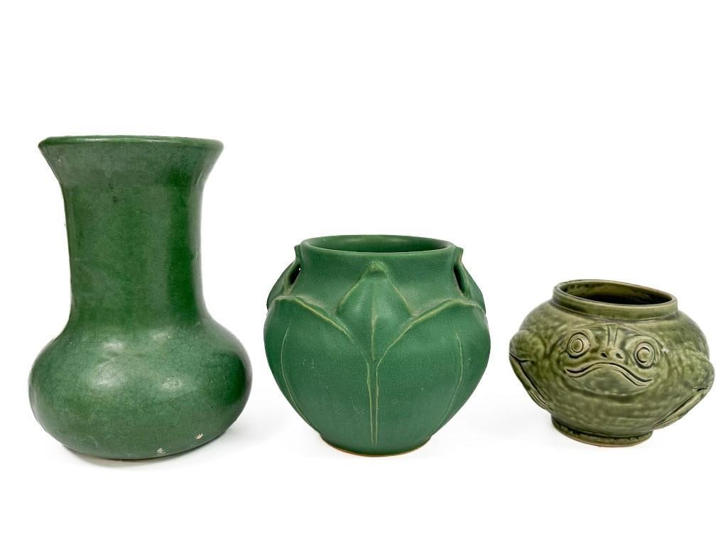 Lot of 3 Matte Green Arts & Crafts Art Pottery Vases (1 of 7)