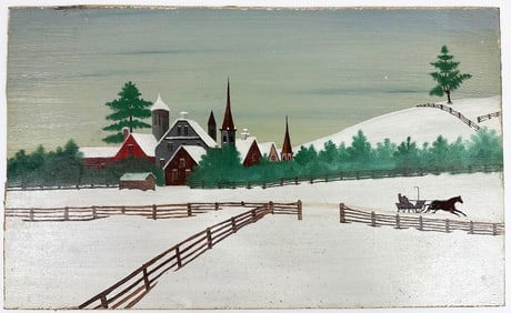 Martha Asline Bradley (c 1880) Original Folk Art Painting on Board, Winter Scene Ontario, Canada