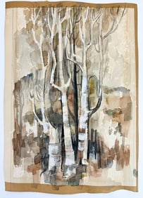 Artist Unknown Midcentury Landscape Watercolor Birch Trees