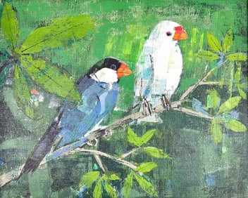 Bob Totten Signed Oil on Canvas, Two Birds on a Branch