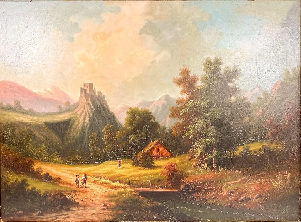 19th Century Flemish School, Oil on Masonite, Alpine Village: Oil on masonite depicts a mountain village with people, animals, and structures. Unsigned. Painting is missing pigment from some edges. Cracking in paint throughout. Visible portion is approximately 2